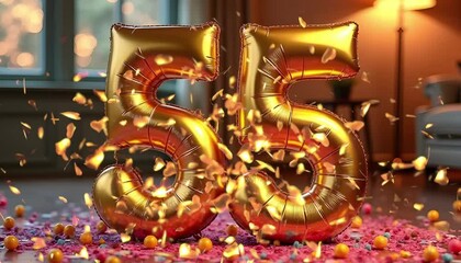 Golden 55 Balloons Celebrating Milestone Birthday with Confetti  