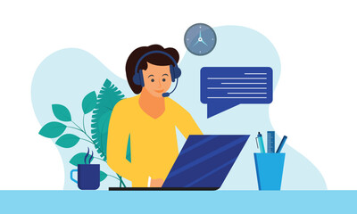 Customer service. Man operator call center with headphones and microphone with laptop