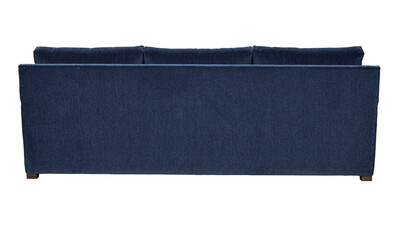 Minimalist modern blue sofa with straight lines and wood legs back view isolated + clipping path. Furniture Collection. Please see some similar pictures from my portfolio.