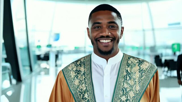 Nigerian man in agbada walks confidently, facing the camera, in a brightly lit, modern airport terminal, dolly, zoom in video