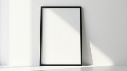 Blank black frame against a bright white wall, bathed in sunlight.  A minimalist interior design mockup.