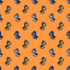 Cute Zebra Pattern on Orange: A Whimsical Repeat Design Featuring Zebra Heads with Blue and Black Stripes