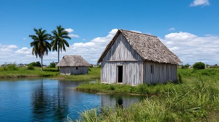 Obraz premium Rustic Cuban Cabanas by the Lagoon with Tranquil Scene.