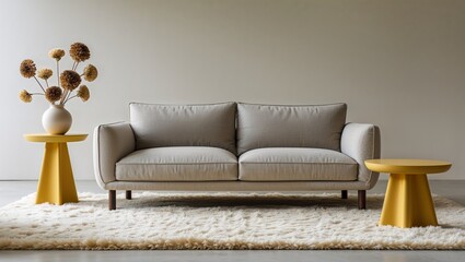 Cozy Interior Design Featuring Beige Couch, Yellow Side Table, and Soft Rug