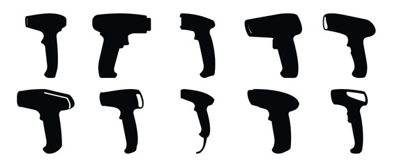 Collection of twelve different barcode scanner silhouettes illustrations