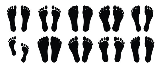 Collection of Various Barefoot Prints Sizes and Shapes Black Silhouettes on White Background