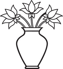 vase with flowers line art, black outline, vector and illustration, coloring book page line art drawing