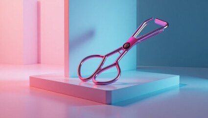 Lash Curler. Pink metallic eyelash curler with ergonomic handle curling lashes beauty tool on pastel blue and pink geometric background for cosmetic advertisement, makeup tutorial, skincare promotion