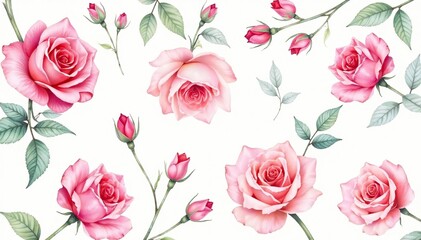 Delicate watercolor roses & buds, repeating pattern, flowers, summer