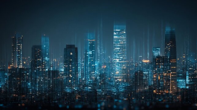 Futuristic skyline with glowing skyscrapers. Agentic AI