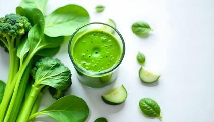 green fresh spinach leaves near organic celery, cucumbers, broccoli fruits and blender on white