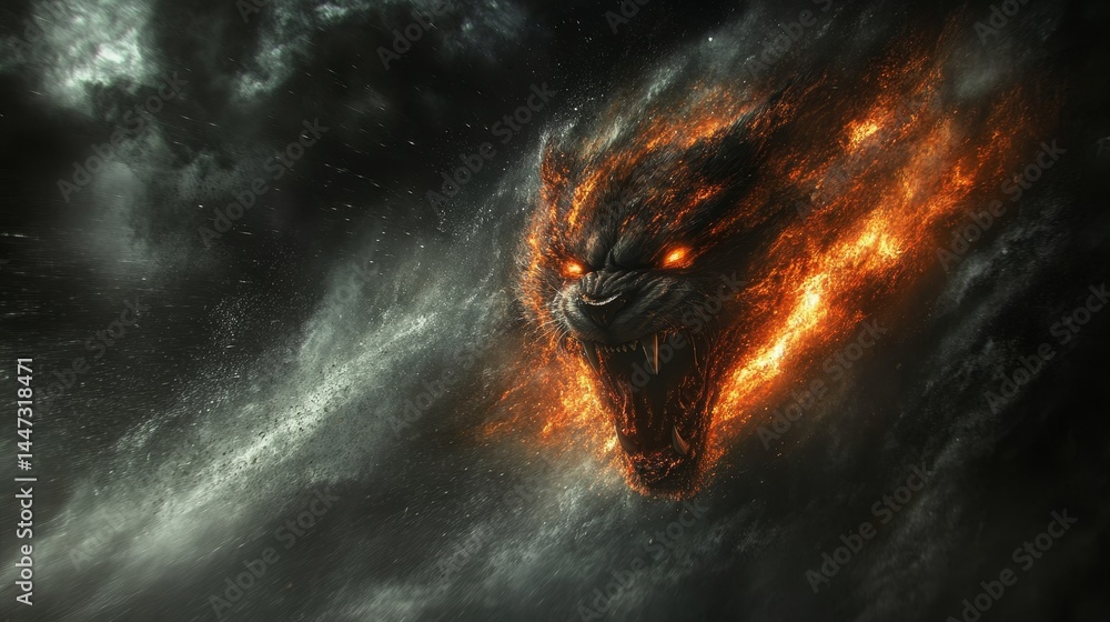 Poster dynamic depiction of a cosmic body enveloped in fiery elements contrasted against a backdrop of nebu