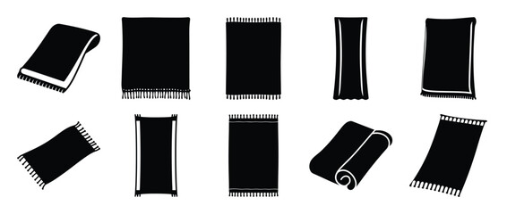 Collection of Various Rugs and Carpets in Black Silhouettes Different Shapes and Sizes