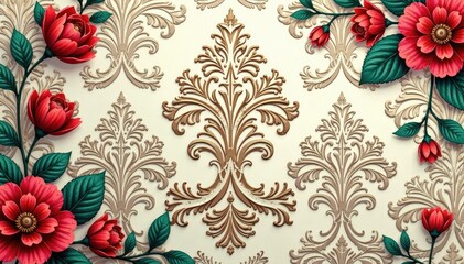 Intricate woven floral damask, elegant swirls and leaves , swirl, wallpaper, home decor