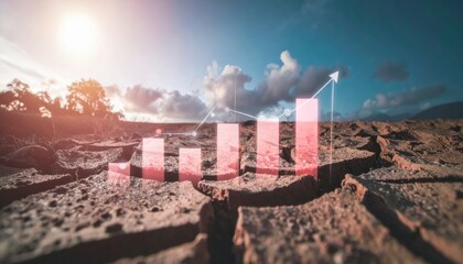 Cracked dry earth under a dramatic sky with an upward-trending bar graph overlay, symbolizing rising environmental or climate concerns.