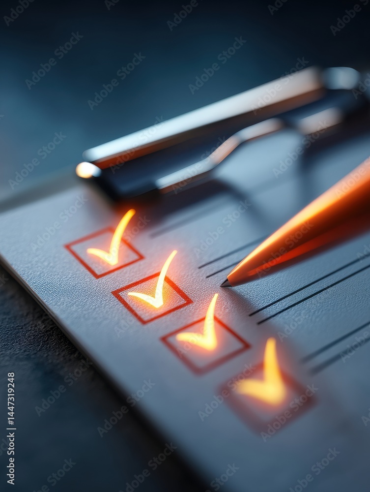 Poster a checklist with glowing checkmarks being marked by a pen, symbolizing completed tasks and organizat