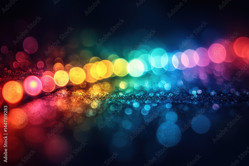Poster abstract bokeh lights in vibrant rainbow colors with a soft glowing effect
