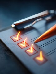A checklist with glowing checkmarks being marked by a pen, symbolizing completed tasks and organization.