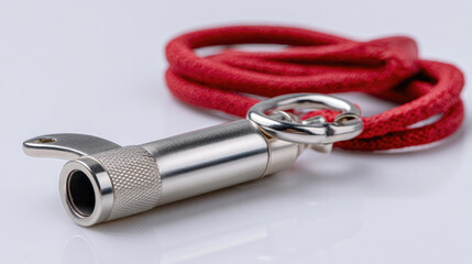Small, metallic cylindrical object with red cord