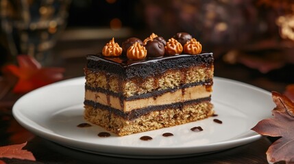 Decadent Chocolate and Peanut Butter Layer Cake Slice on White Plate, Rustic Food Photography