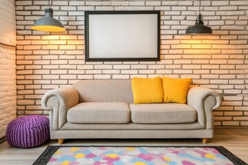 Modern living room interior with beige sofa and brick wall