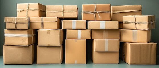 Stacked brown boxes, various sizes, some with twine or tape, organized on a pale surface