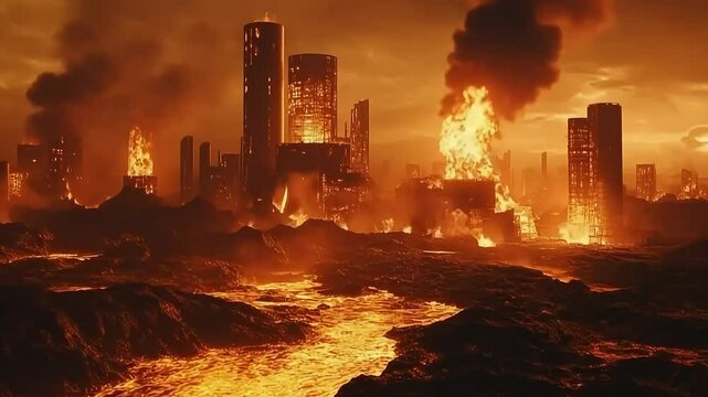 Tall buildings smolder amidst flowing lava, creating a dystopian landscape frozen in time.