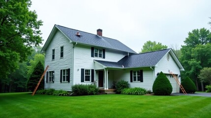 A person sits atop a newly installed dark gray roof of a white two-story suburban home with black window shutters and attached garage