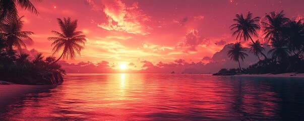 Tropical sunset scene with vivid colors and silhouetted palm trees