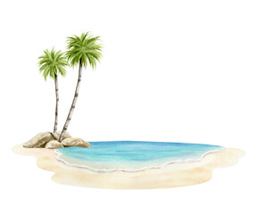 Palm trees on ocean shore or beach watercolor illustration isolated on white for tropical summer vacation and travel designs. Spa resort hand drawn clip art of Florida or Mediterranean