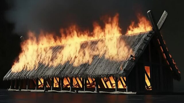 a thatched hut engulfed in flames in the dark, leaving behind a shadow of memory and warmth that will never return.