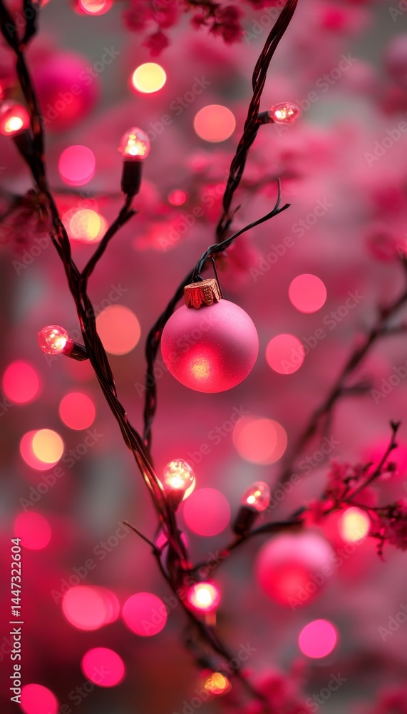Poster pink christmas sparkle ornaments and string lights on a branch with bokeh background