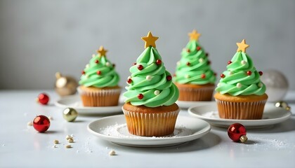 delicious Christmas tree cupcakes with plates and shiny baubles on white surface isolated on grey