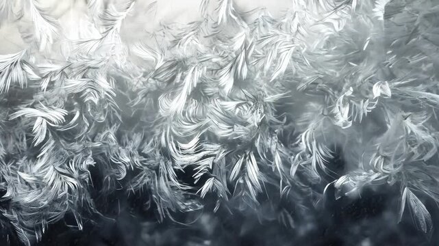 Intricate frost patterns forming on glass in a winter atmosphere