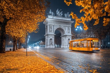 Autumnal Night in Vienna: A Tram Passes the Majestic Arch