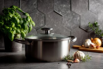 A stainless steel pot with a glass lid sits on the kitchen counter, next to it are basil and garlic in front of dark gray wall tiles. 