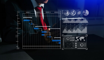 Businessman hand Project manager working and update tasks and Gantt chart scheduling virtual diagram.