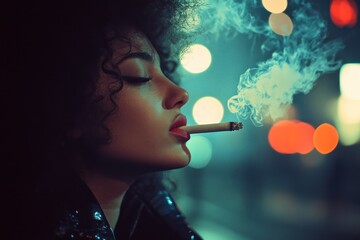 Obraz premium Night City Smoke: A Woman's Silhouette in the Urban Glow