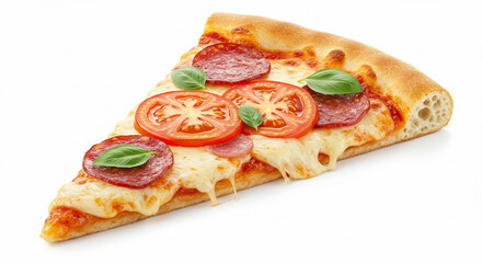 Pizza Slice is Isolated, Showcasing Pepperoni, Tomato, and Basil Toppings on White