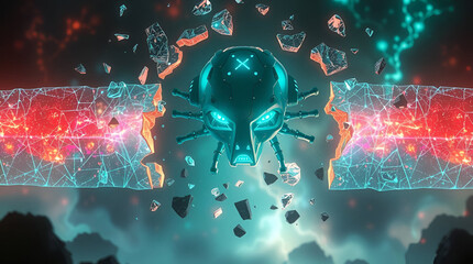 A powerful AI emerging from a shattered barrier labeled "Limitations", shards suspended mid-air, symbol of breaking boundaries, dynamic composition, Generative Ai