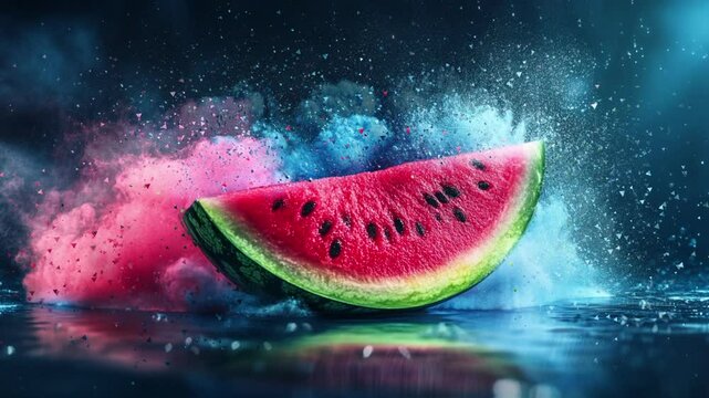 delicious slice of watermelon with colorful powder explosion on background, seamless looping video animated background