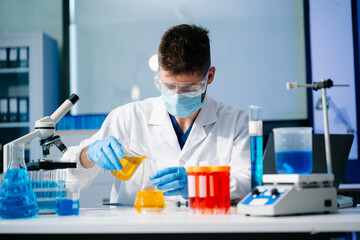 Naklejka premium Scientists, beakers, and microscopes in cutting-edge research. Perfect for science and technology projects.