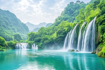 Serene Waterfall Landscape: Lush Greenery and Turquoise Waters