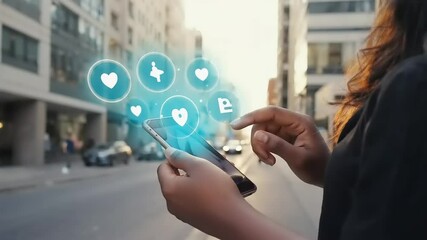 Urban woman using a smartphone with social media icons - Powered by Adobe