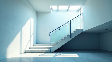 Fototapeta premium Modern Minimalist Staircase with Skylight and Glass Railing in a Light Blue Room