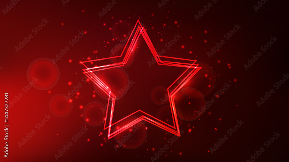 Poster neon frame in star form with shining effects and sparkles