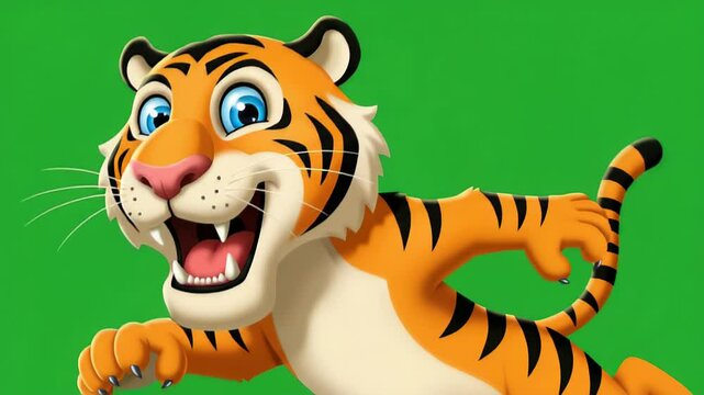 Cheerful cartoon tiger illustration on green background