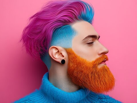 Man with vibrant pink and blue hair, orange beard