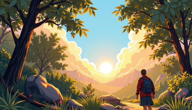 Embarking on a Sunrise Journey: A lone figure stands, gazing at the picturesque sunrise of adventure, embarking on a trek. The vibrant hues paint a perfect day to step into the unknown.