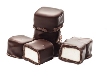 Obraz premium Delicious dark chocolate covered marshmallow candies sweet treats on transparent background